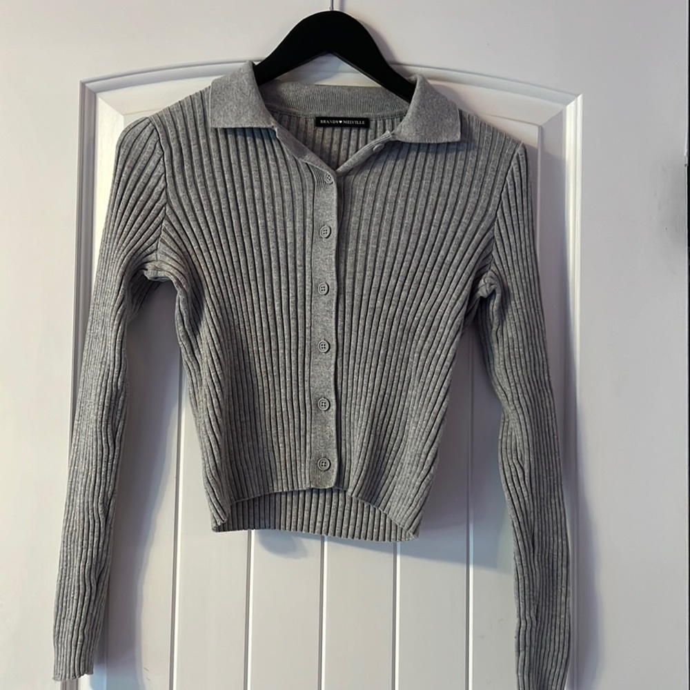 grey button down sweater/top
